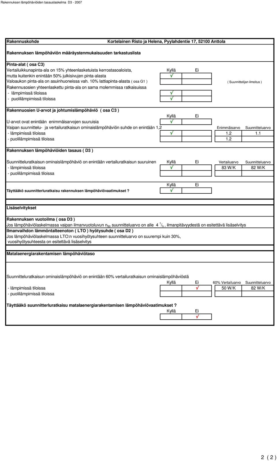 10% lattiapinta-alasta ( osa G1 ) Rakennusosien yhteenlaskettu pinta-ala on sama molemmissa ratkaisuissa - lämpimissä tiloissa - puolilämpimissä tiloissa ( Suunnittelijan ilmoitus ) Rakennuosien