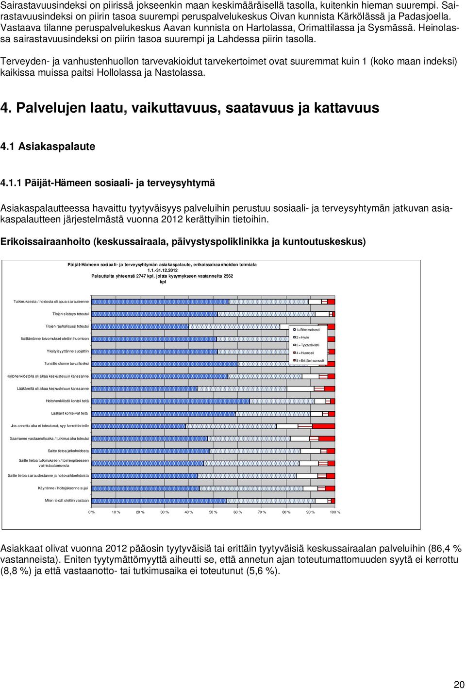 Terveyden- ja vanhustenhuollon tarvevakioidut tarvekertoimet ovat suuremmat kuin 1 (koko maan indeksi) kaikissa muissa paitsi ssa ja ssa. 4. Palvelujen laatu, vaikuttavuus, saatavuus ja kattavuus 4.