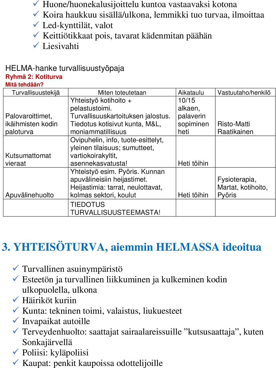 Turvallisuustekijä Miten toteutetaan Aikataulu Vastuutaho/henkilö Palovaroittimet, ikäihmisten kodin paloturva Yhteistyö kotihoito + pelastustoimi. Turvallisuuskartoituksen jalostus.