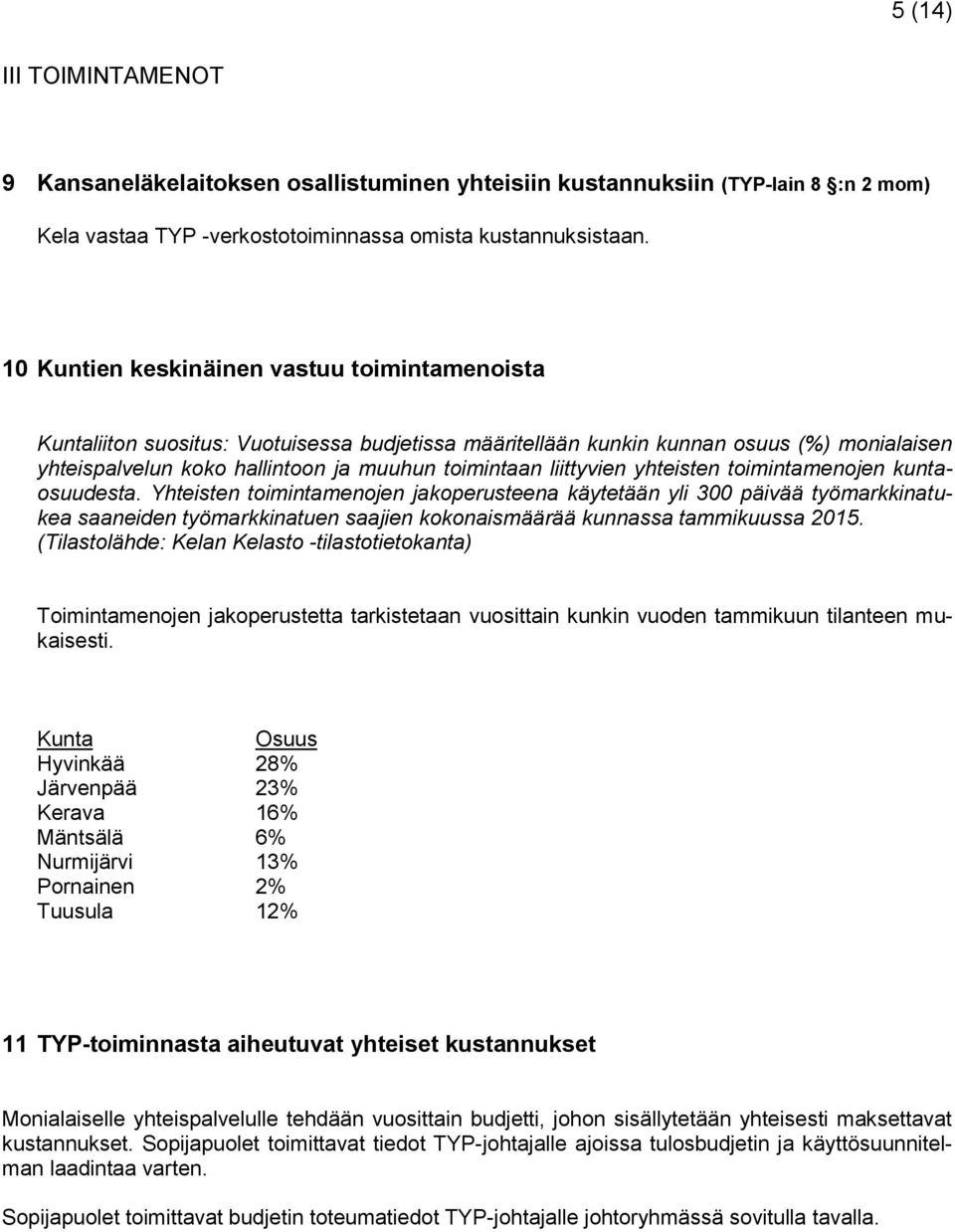liittyvien yhteisten toimintamenojen kuntaosuudesta.