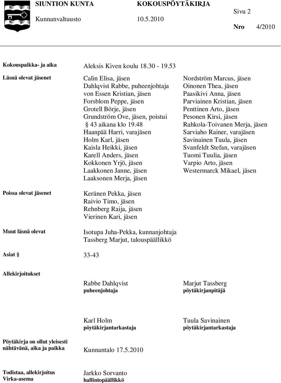 jäsen, poistui 43 aikana klo 19.