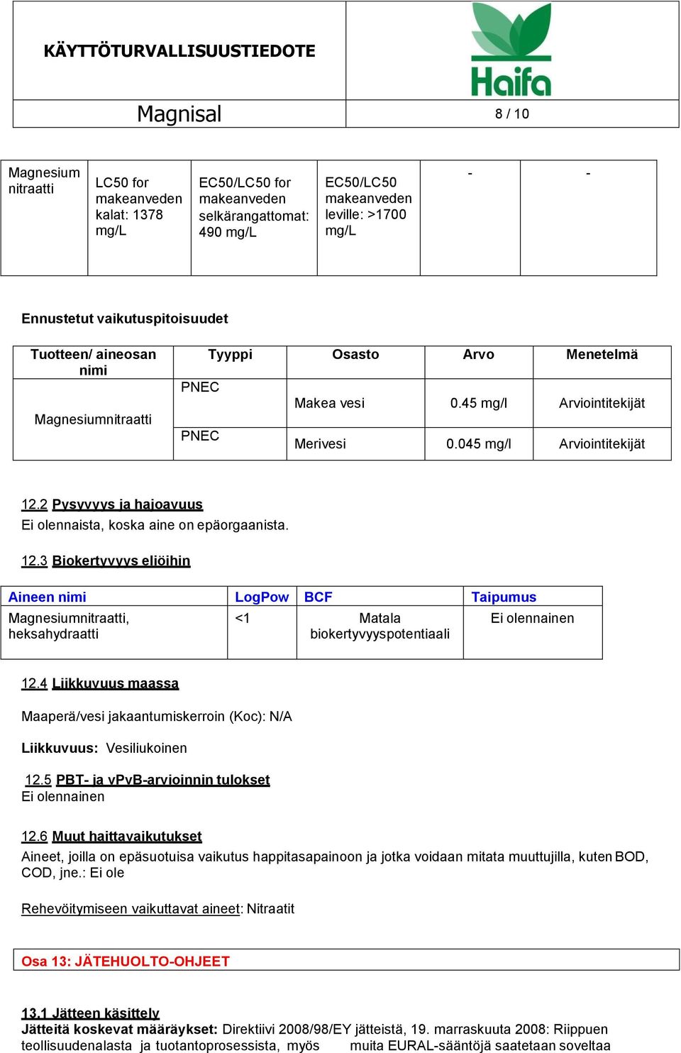 2 Pysyvyys ja hajoavuus Ei olennaista, koska aine on epäorgaanista. 12.3 Biokertyvyys eliöihin Aineen nimi LogPow BCF Taipumus Magnesiumnitraatti, heksahydraatti <1 Matala biokertyvyyspotentiaali 12.