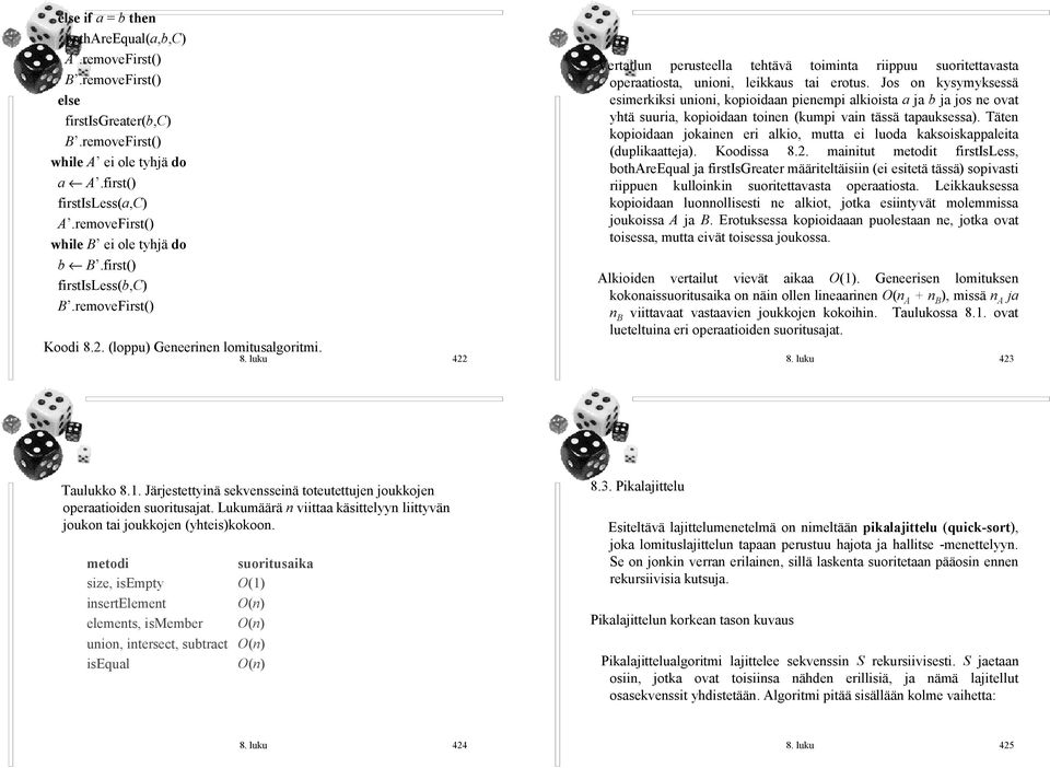 2. (loppu) Geneerinen lomitusalgoritmi. 8. luku 422 Vertailun perusteella tehtävä toiminta riippuu suoritettavasta operaatiosta, unioni, leikkaus tai erotus.