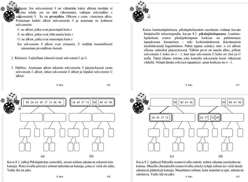 kuin x Jos sekvenssin S alkiot ovat erisuuria, E sisältää luonnollisesti ainoastaan pivotalkion itsensä. 2. Rekursio: Lajitellaan rekursiivisesti sekvenssit L ja G. 3.