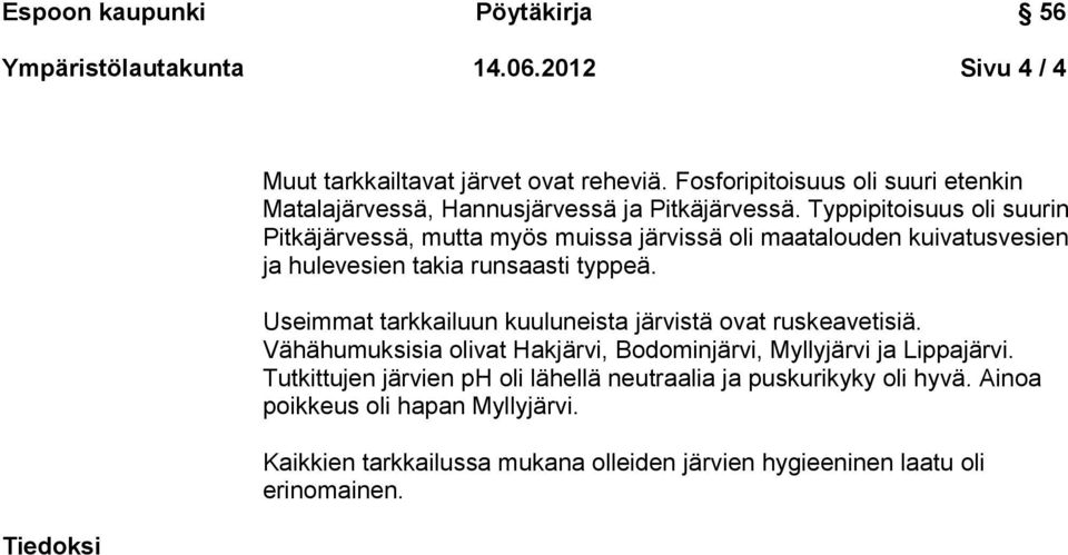 Typpipitoisuus oli suurin Pitkäjärvessä, mutta myös muissa järvissä oli maatalouden kuivatusvesien ja hulevesien takia runsaasti typpeä.