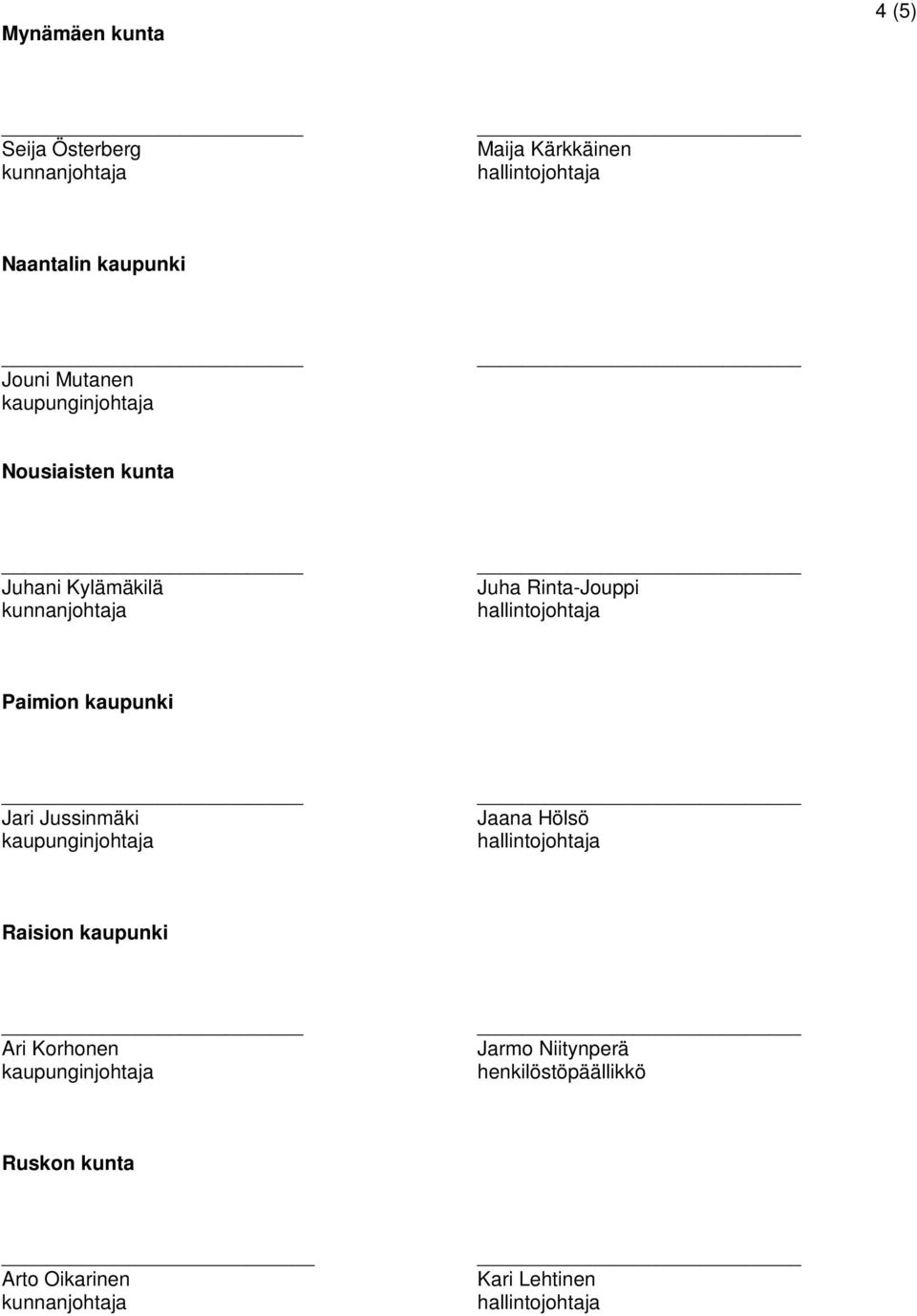 Paimion kaupunki Jari Jussinmäki Jaana Hölsö Raision kaupunki Ari