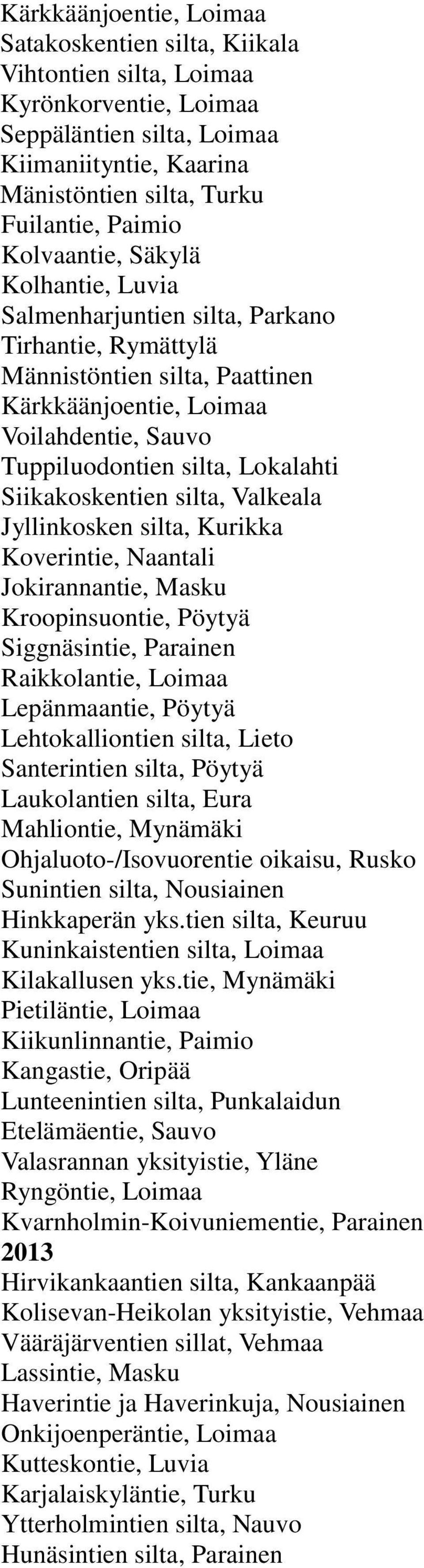Siikakoskentien silta, Valkeala Jyllinkosken silta, Kurikka Koverintie, Naantali Jokirannantie, Masku Kroopinsuontie, Pöytyä Siggnäsintie, Parainen Raikkolantie, Loimaa Lepänmaantie, Pöytyä