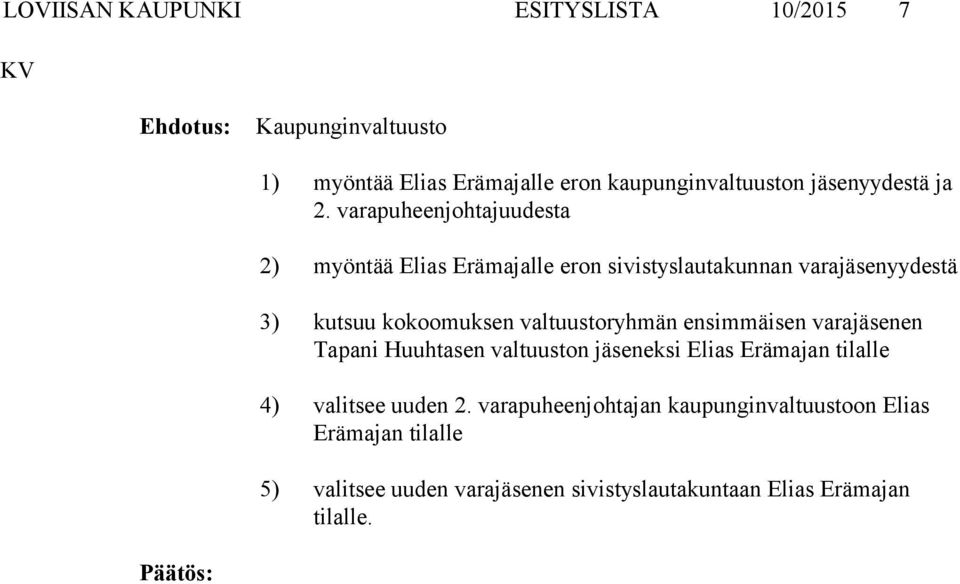 varapuheenjohtajuudesta 2) myöntää Elias Erämajalle eron sivistyslautakunnan varayydestä 3) kutsuu kokoomuksen