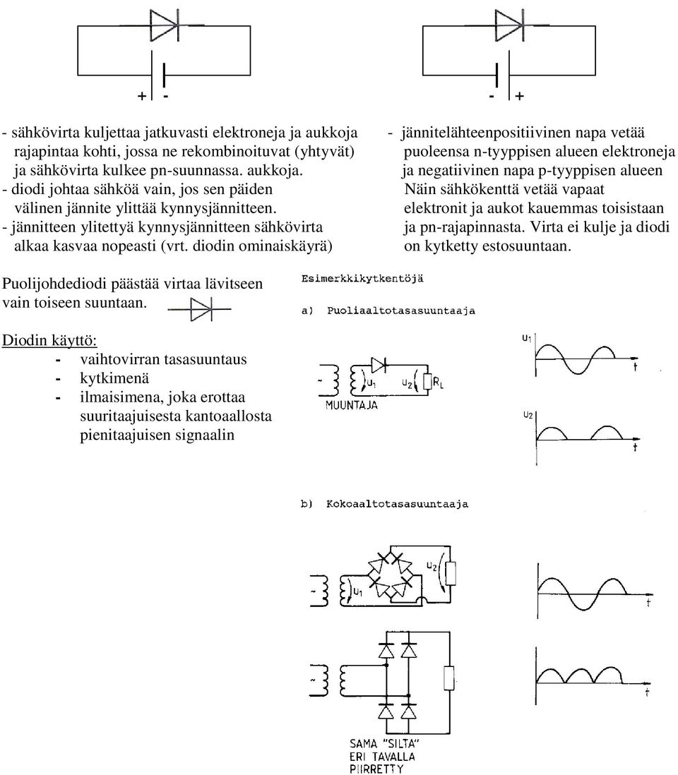elektronit ja aukot kauemmas toisistaan - jännitteen ylitettyä kynnysjännitteen säkövirta ja pn-rajapinnasta. Virta ei kulje ja diodi alkaa kasvaa nopeasti (vrt.