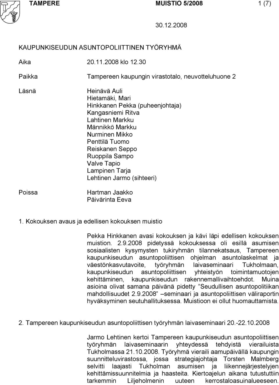Penttilä Tuomo Reiskanen Seppo Ruoppila Sampo Valve Tapio Lampinen Tarja Lehtinen Jarmo (sihteeri) Hartman Jaakko Päivärinta Eeva 1.