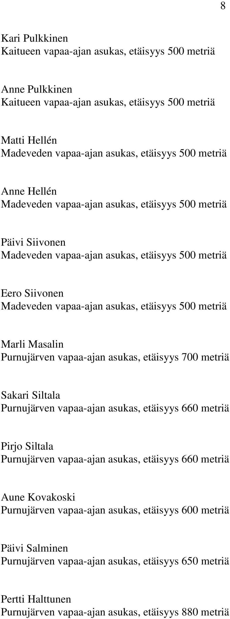 asukas, etäisyys 660 metriä Pirjo Siltala Purnujärven vapaa-ajan asukas, etäisyys 660 metriä Aune Kovakoski Purnujärven vapaa-ajan asukas,