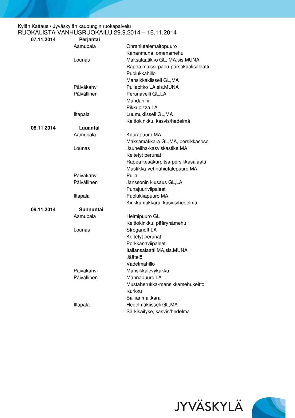 2014 Lauantai Kaurapuuro MA Maksamakkara GL,MA, persikkasose Jauheliha-kasviskastike MA Rapea kesäkurpitsa-persikkasalaatti Mustikka-vehnähiutalepuuro MA Janssonin kiusaus GL,LA