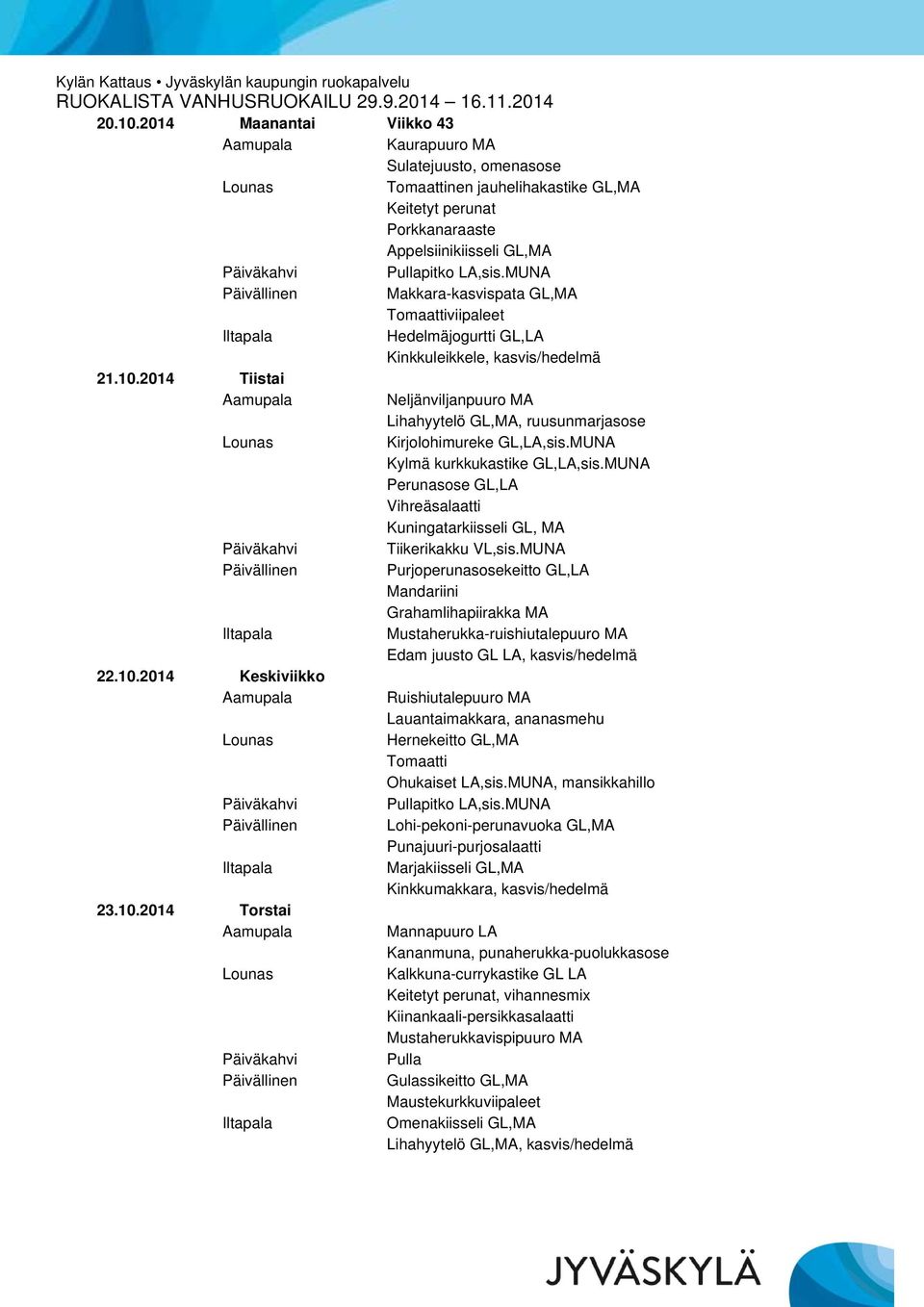 GL,LA Kinkkuleikkele, kasvis/hedelmä 21.10.2014 Tiistai Neljänviljanpuuro MA Lihahyytelö GL,MA, ruusunmarjasose Kirjolohimureke GL,LA,sis.MUNA Kylmä kurkkukastike GL,LA,sis.