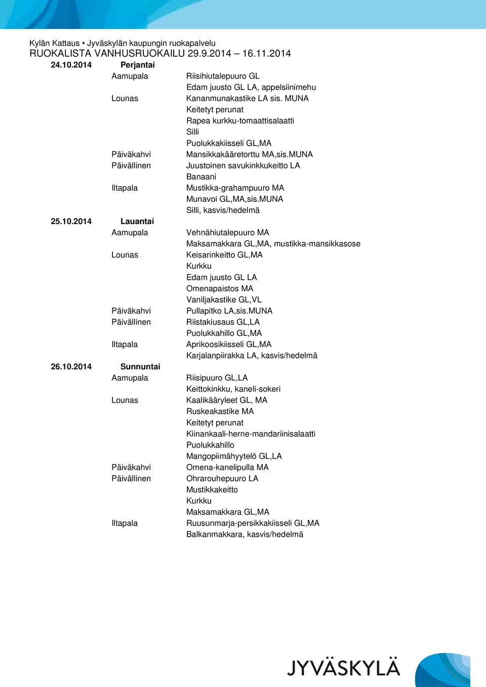 2014 Lauantai Vehnähiutalepuuro MA Maksamakkara GL,MA, mustikka-mansikkasose Keisarinkeitto GL,MA Edam juusto GL LA Omenapaistos MA Vaniljakastike GL,VL Riistakiusaus GL,LA Puolukkahillo GL,MA