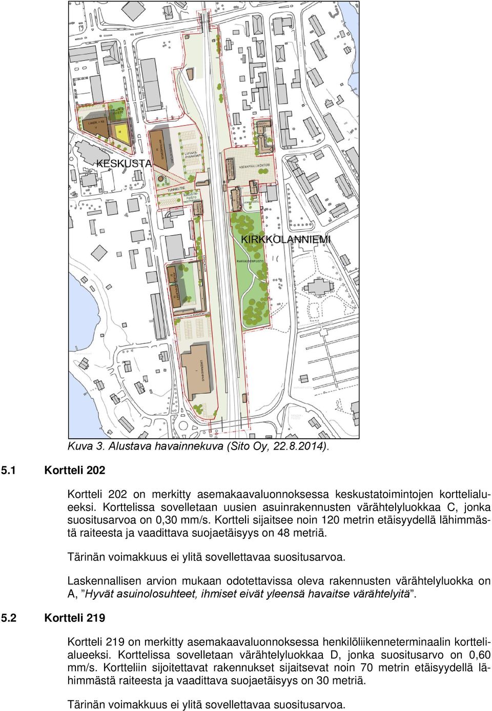 Kortteli sijaitsee noin 120 metrin etäisyydellä lähimmästä raiteesta ja vaadittava suojaetäisyys on 48 metriä. Tärinän voimakkuus ei ylitä sovellettavaa suositusarvoa.