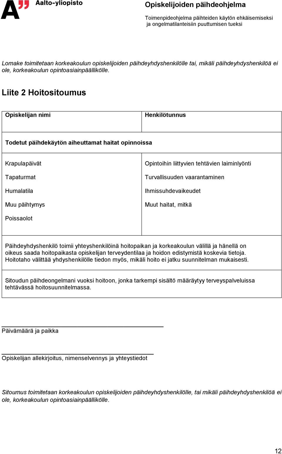 Turvallisuuden vaarantaminen Ihmissuhdevaikeudet Muut haitat, mitkä Poissaolot Päihdeyhdyshenkilö toimii yhteyshenkilöinä hoitopaikan ja korkeakoulun välillä ja hänellä on oikeus saada hoitopaikasta