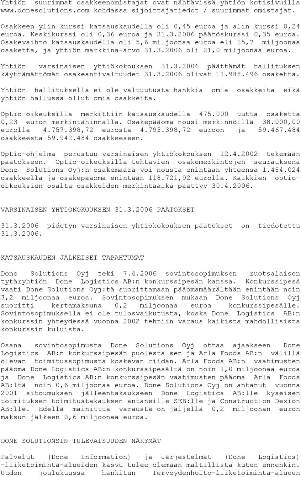 Osakevaihto katsauskaudella oli 5,6 miljoonaa euroa eli 15,7 miljoonaa osaketta, ja yhtiön markkina-arvo 31.3.2006 oli 21,0 miljoonaa euroa. Yhtiön varsinaisen yhtiökokouksen 31.3.2006 päättämät hallituksen käyttämättömät osakeantivaltuudet 31.