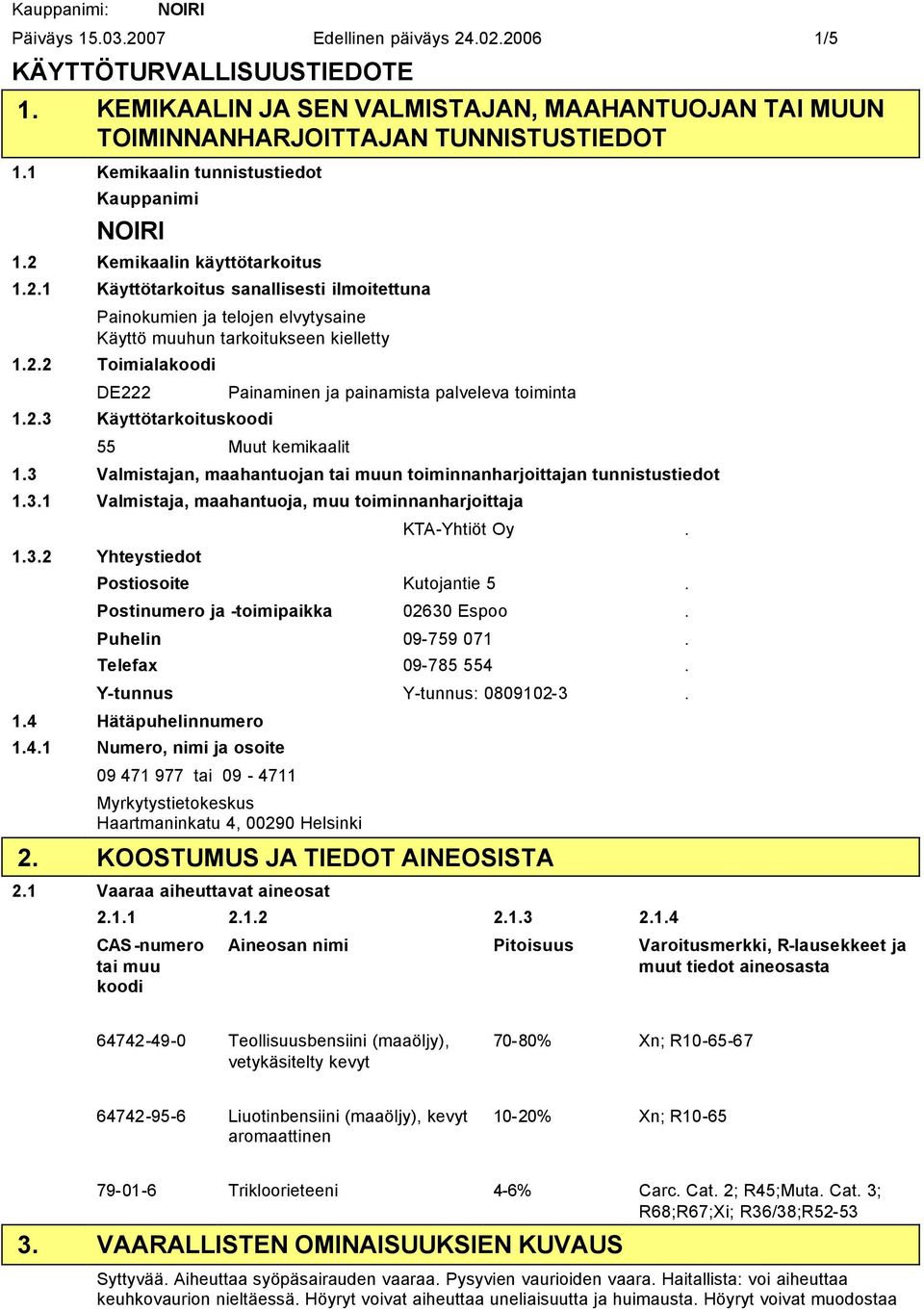 2.3 Käyttötarkoituskoodi 55 Muut kemikaalit Painaminen ja painamista palveleva toiminta 1.3 Valmistajan, maahantuojan tai muun toiminnanharjoittajan tunnistustiedot 1.3.1 Valmistaja, maahantuoja, muu toiminnanharjoittaja 1.