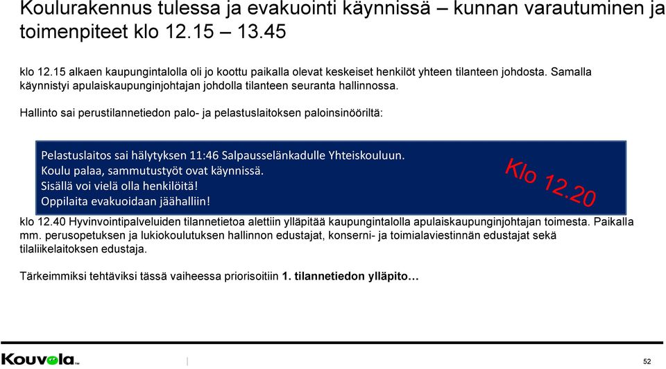 Hallinto sai perustilannetiedon palo- ja pelastuslaitoksen paloinsinööriltä: Pelastuslaitos sai hälytyksen 11:46 Salpausselänkadulle Yhteiskouluun. Koulu palaa, sammutustyöt ovat käynnissä.
