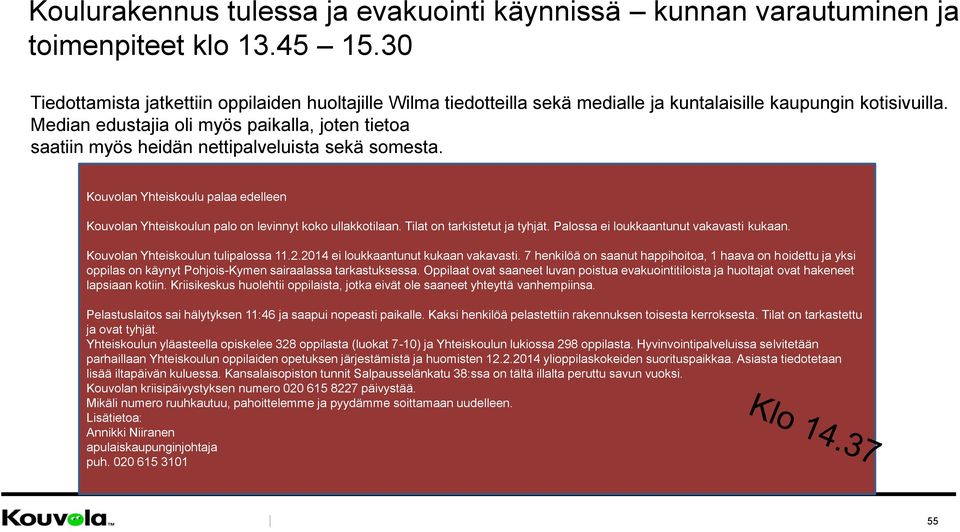 Tilat on tarkistetut ja tyhjät. Palossa ei loukkaantunut vakavasti kukaan. Kouvolan Yhteiskoulun tulipalossa 11.2.2014 ei loukkaantunut kukaan vakavasti.