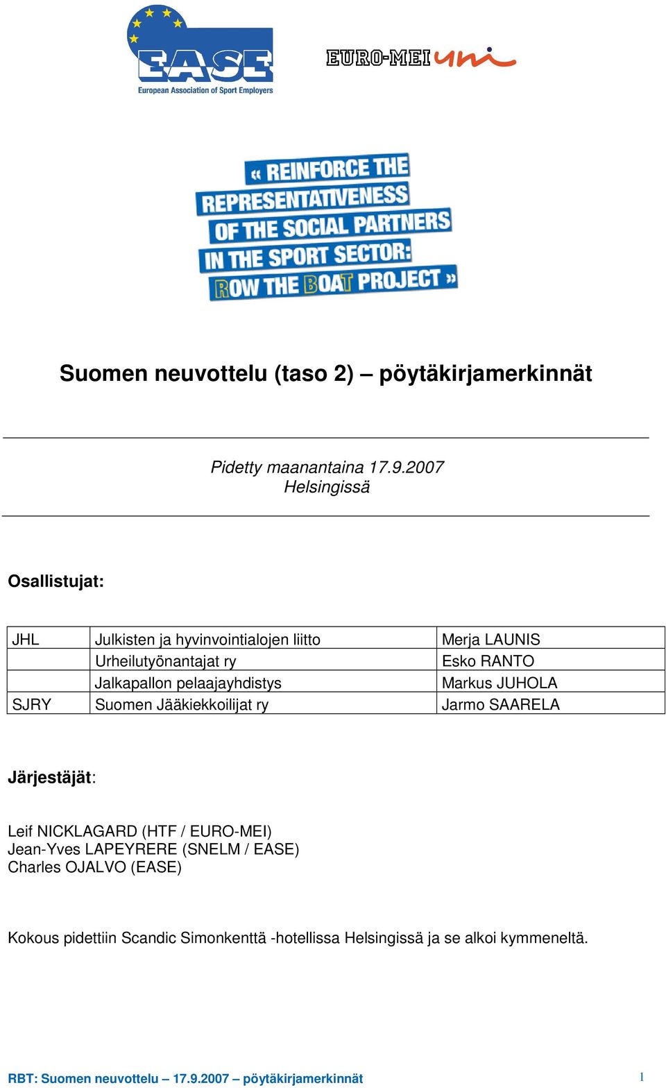 Jalkapallon pelaajayhdistys Markus JUHOLA SJRY Suomen Jääkiekkoilijat ry Jarmo SAARELA Järjestäjät: Leif NICKLAGARD (HTF /