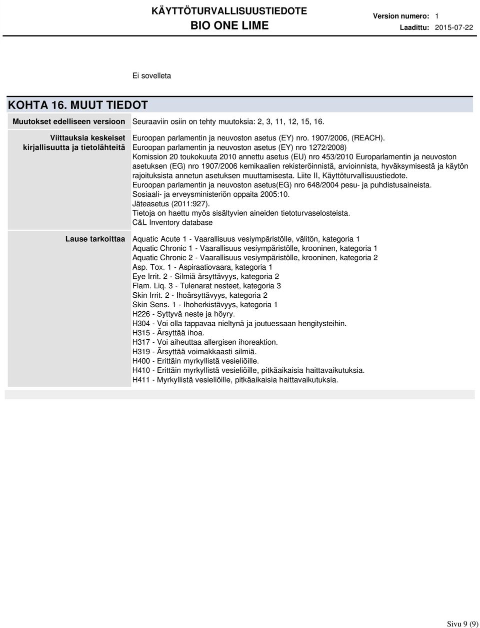 Euroopan parlamentin ja neuvoston asetus (EY) nro 1272/2008) Komission 20 toukokuuta 2010 annettu asetus (EU) nro 453/2010 Europarlamentin ja neuvoston asetuksen (EG) nro 1907/2006 kemikaalien