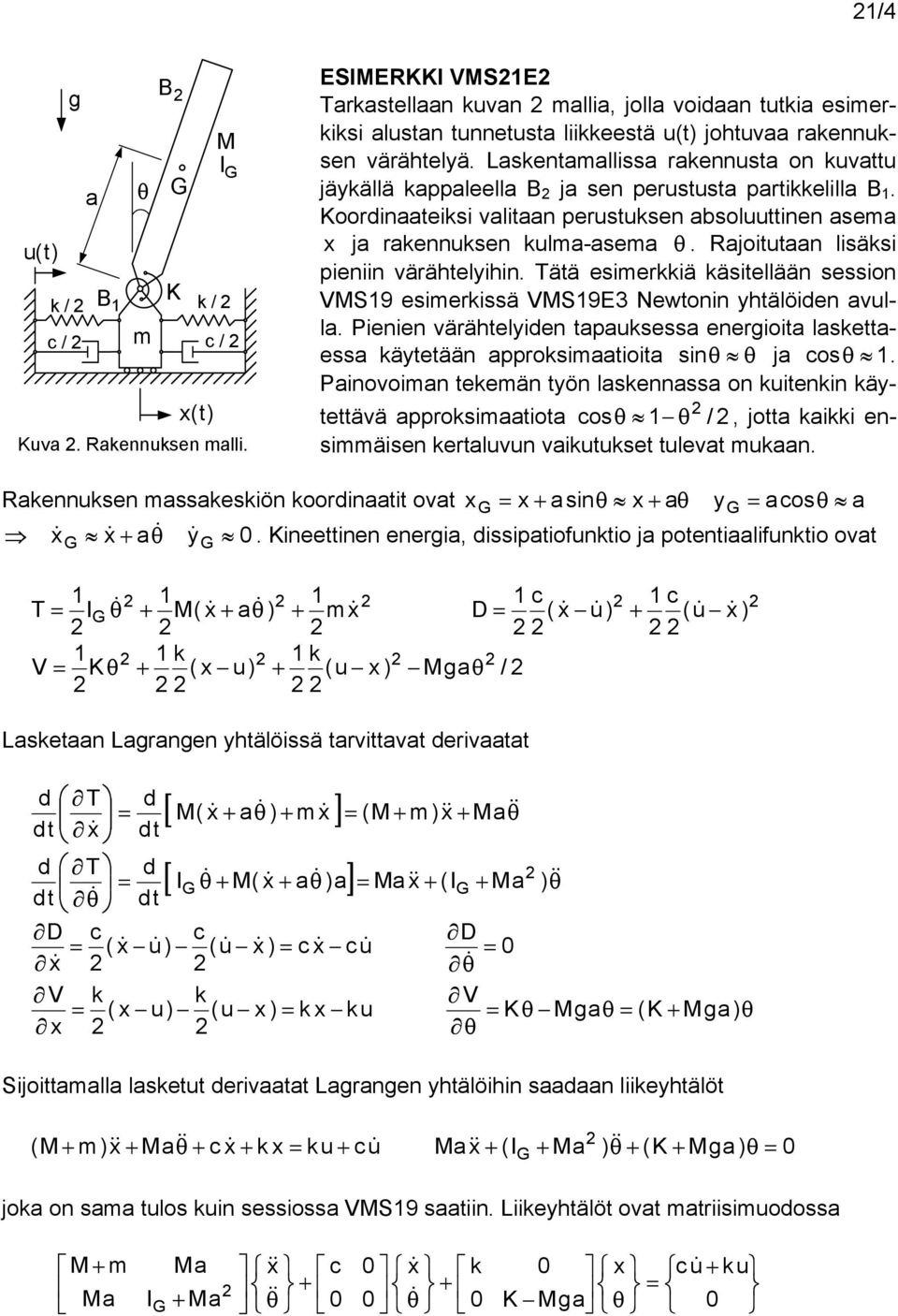 Rajoitutaan lisäsi pieniin värähtelyihin. ätä esieriä äsitellään session MS9 esierissä MS9E Newtonin yhtälöien avulla.