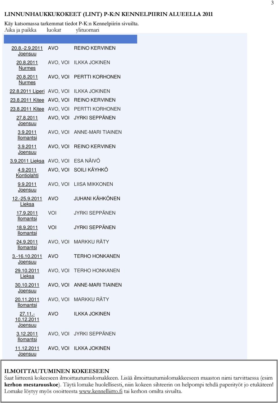 8.2011 3.9.2011 3.9.2011, VOI JYRKI SEPPÄNEN, VOI ANNE-MARI TIAINEN, VOI REINO KERVINEN 3.9.2011 Lieksa, VOI ESA NÄIVÖ 4.9.2011 Kontiolahti 9.9.2011 12.-25.9.2011 Lieksa 17.9.2011 18.9.2011 24.9.2011 3.-16.