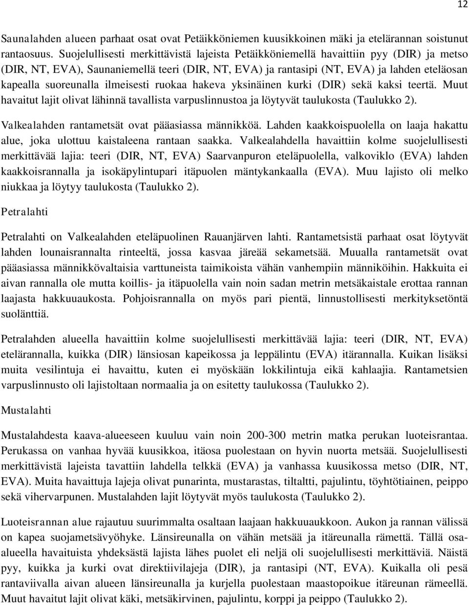 suoreunalla ilmeisesti ruokaa hakeva yksinäinen kurki (DIR) sekä kaksi teertä. Muut havaitut lajit olivat lähinnä tavallista varpuslinnustoa ja löytyvät taulukosta (Taulukko 2).