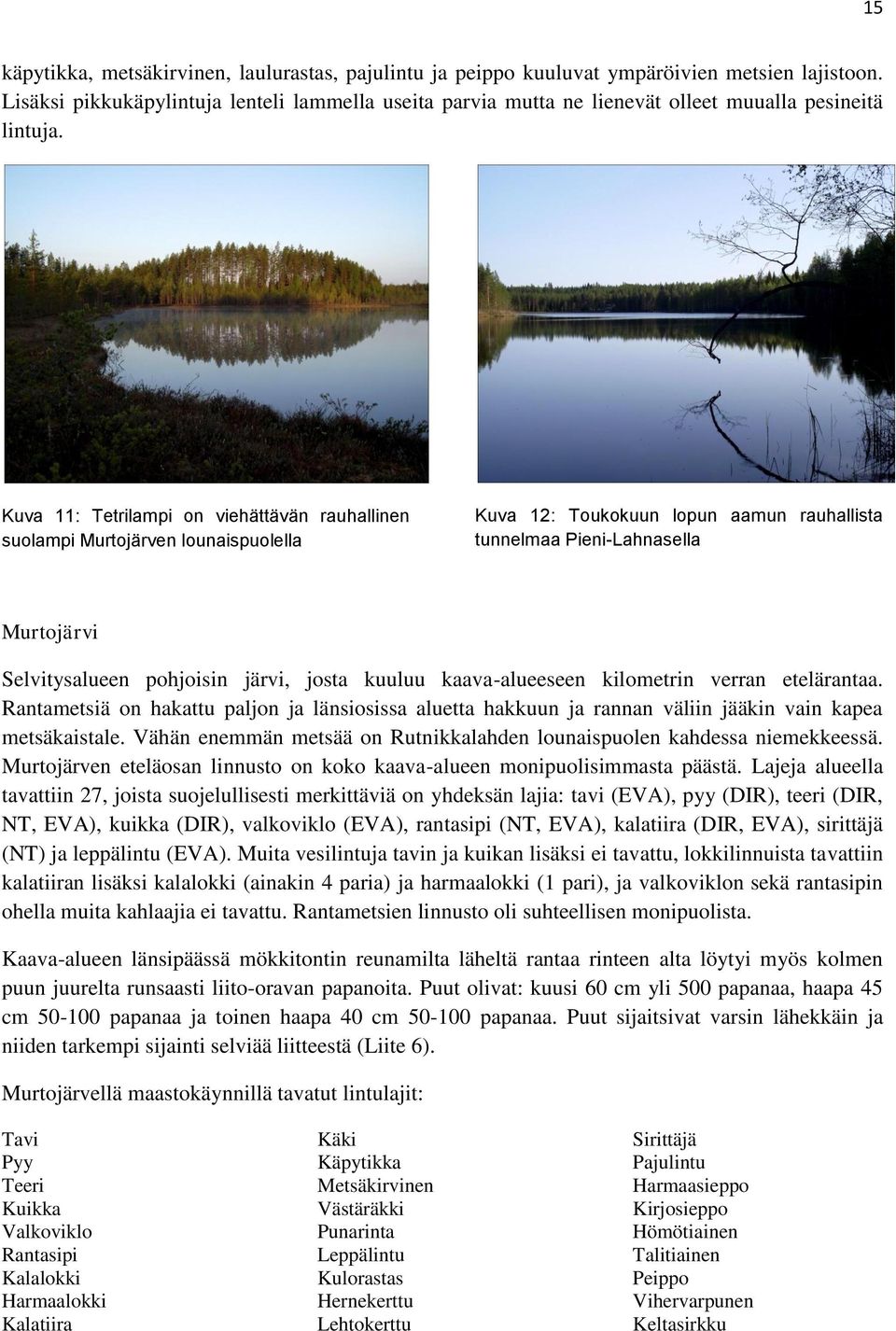 Kuva 11: Tetrilampi on viehättävän rauhallinen suolampi Murtojärven lounaispuolella Kuva 12: Toukokuun lopun aamun rauhallista tunnelmaa Pieni-Lahnasella Murtojärvi Selvitysalueen pohjoisin järvi,