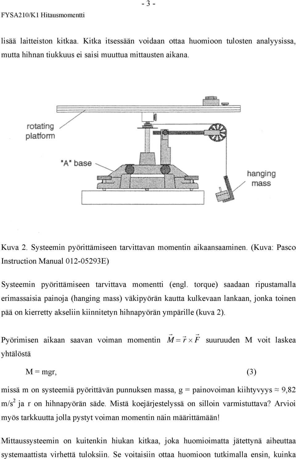 torque) saadaan ripustamalla erimassaisia painoja (hanging mass) väkipyörän kautta kulkevaan lankaan, jonka toinen pää on kierretty akseliin kiinnitetyn hihnapyörän ympärille (kuva 2).