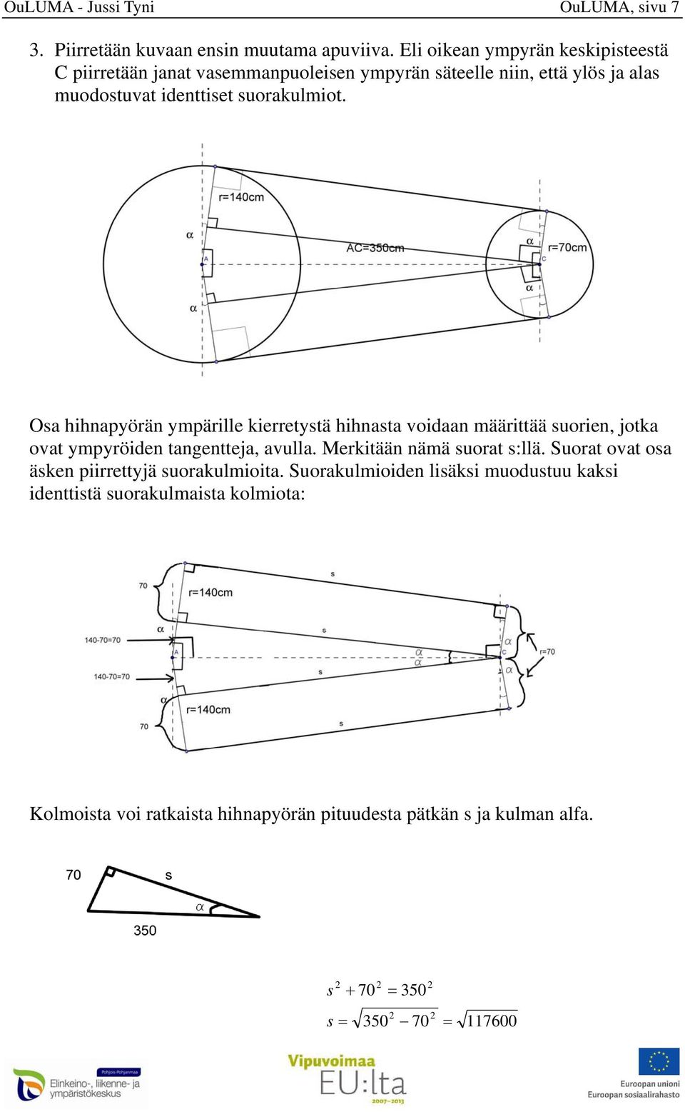 Osa hihnapyörän ympärille kierretystä hihnasta voidaan määrittää suorien, jotka ovat ympyröiden tangentteja, avulla. Merkitään nämä suorat s:llä.