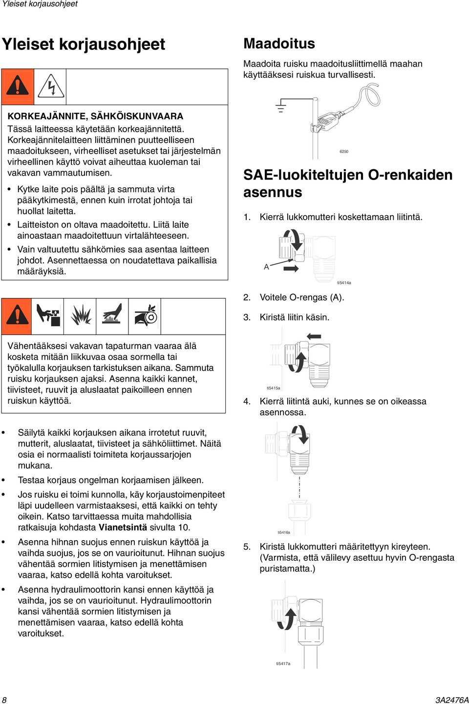 Korkeajännitelaitteen liittäminen puutteelliseen maadoitukseen, virheelliset asetukset tai järjestelmän virheellinen käyttö voivat aiheuttaa kuoleman tai vakavan vammautumisen.