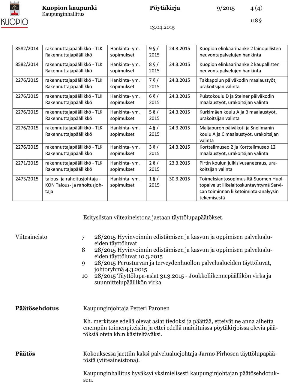 3. Puistokoulu D ja Steiner päiväkodin maalaustyöt, urakoitsijan 2276/ rakennuttajapäällikkö - TLK 5 / 24.3. Kurkimäen koulu A ja B maalaustyöt, urakoitsijan 2276/ rakennuttajapäällikkö - TLK 2276/ rakennuttajapäällikkö - TLK 4 / 3 / 24.