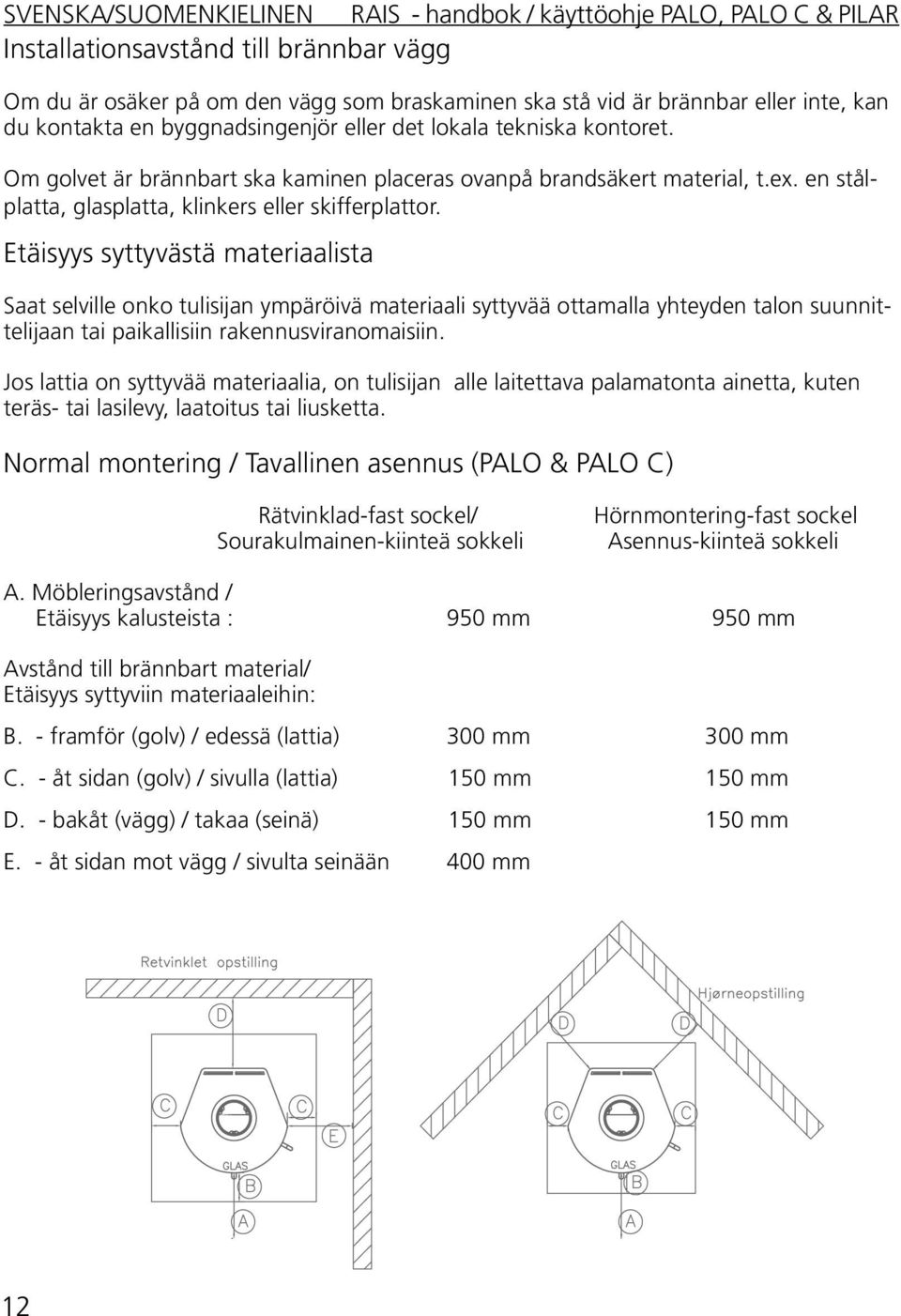 Etäisyys syttyvästä materiaalista Saat selville onko tulisijan ympäröivä materiaali syttyvää ottamalla yhteyden talon suunnittelijaan tai paikallisiin rakennusviranomaisiin.
