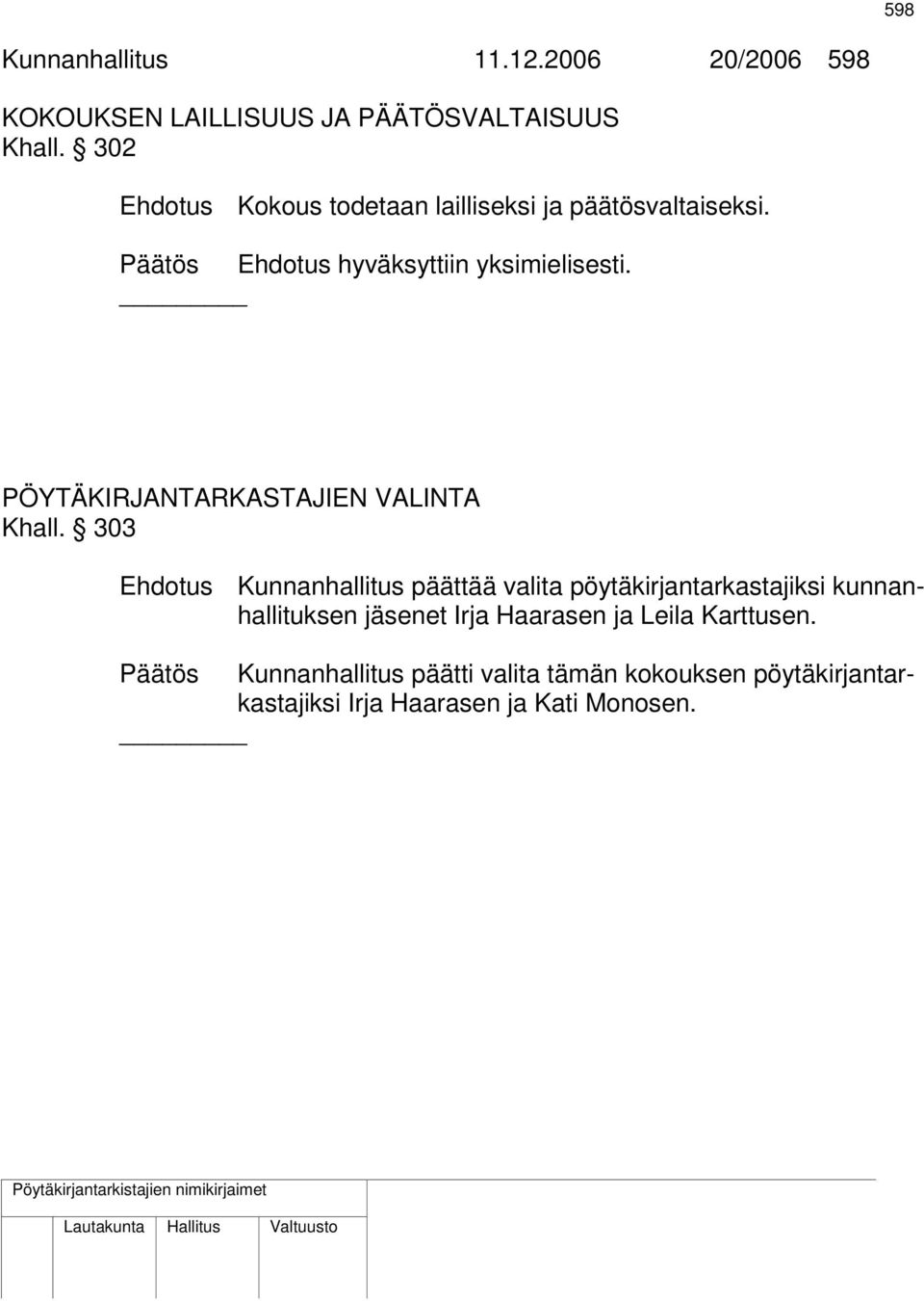 PÖYTÄKIRJANTARKASTAJIEN VALINTA Khall.