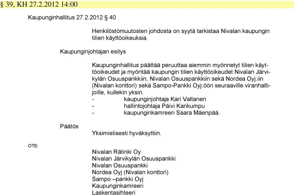 Osuuspankkiin sekä Nordea Oyj:iin (Nivalan konttori) sekä Sampo-Pankki Oyj:öön seuraaville viranhaltijoille, kullekin yksin.