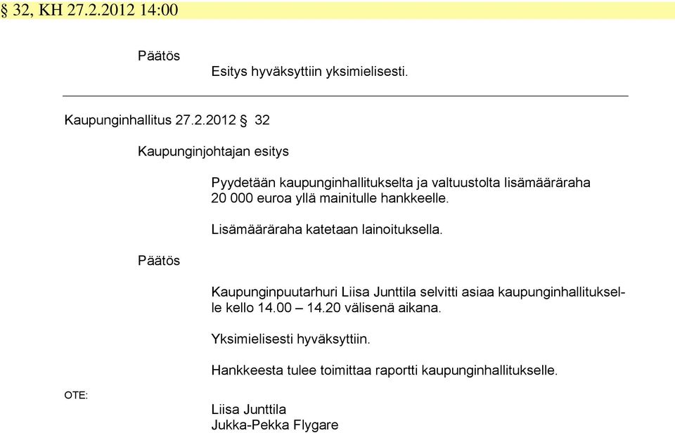 Lisämääräraha katetaan lainoituksella. Kaupunginpuutarhuri Liisa Junttila selvitti asiaa kaupunginhallitukselle kello 14.00 14.