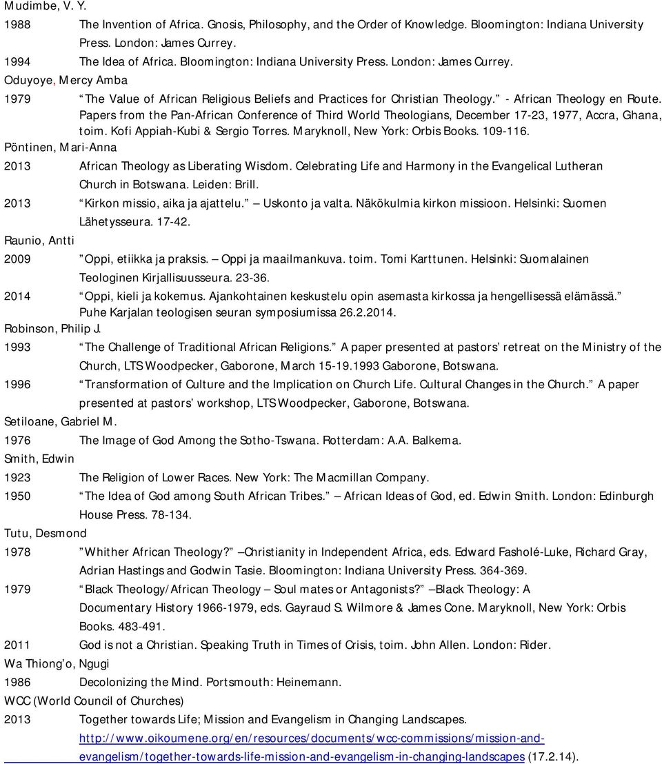 Papers from the Pan-African Conference of Third World Theologians, December 17-23, 1977, Accra, Ghana, toim. Kofi Appiah-Kubi & Sergio Torres. Maryknoll, New York: Orbis Books. 109-116.