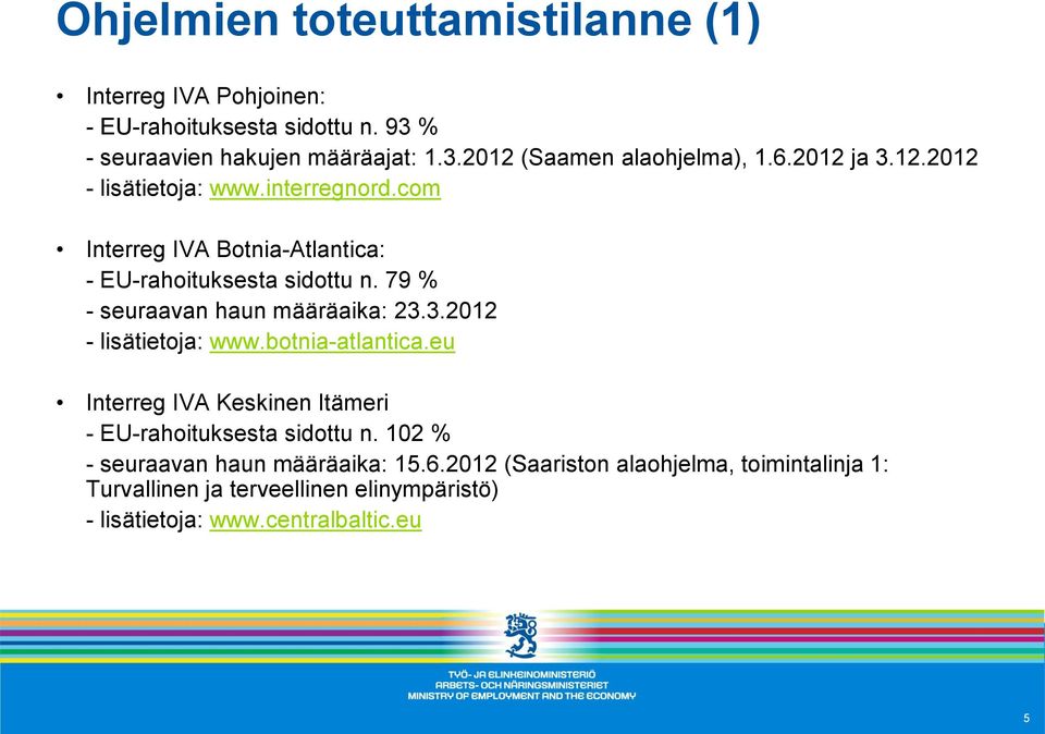 79 % - seuraavan haun määräaika: 23.3.2012 - lisätietoja: www.botnia-atlantica.eu Interreg IVA Keskinen Itämeri - EU-rahoituksesta sidottu n.