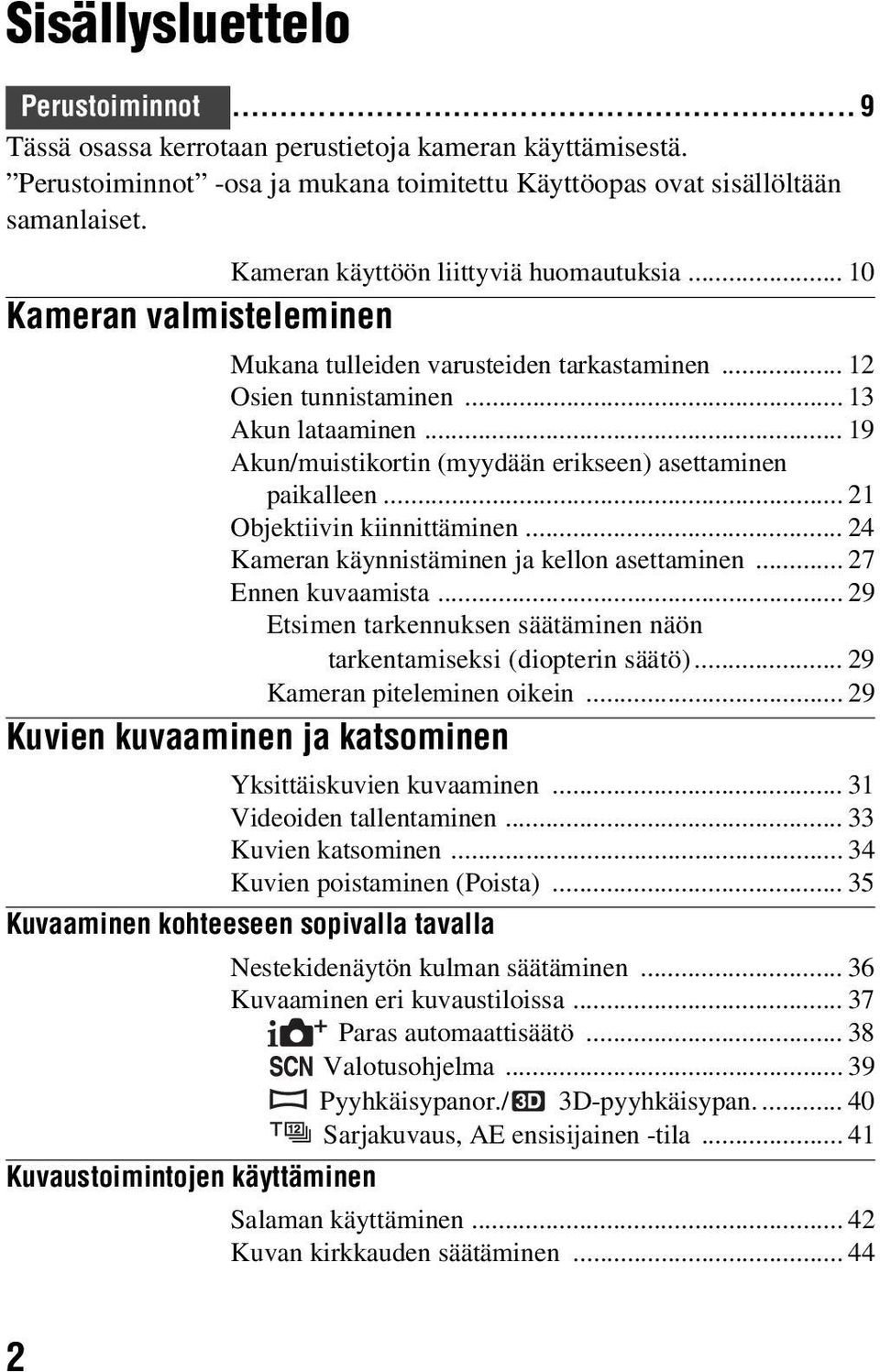 .. 19 Akun/muistikortin (myydään erikseen) asettaminen paikalleen... 21 Objektiivin kiinnittäminen... 24 Kameran käynnistäminen ja kellon asettaminen... 27 Ennen kuvaamista.