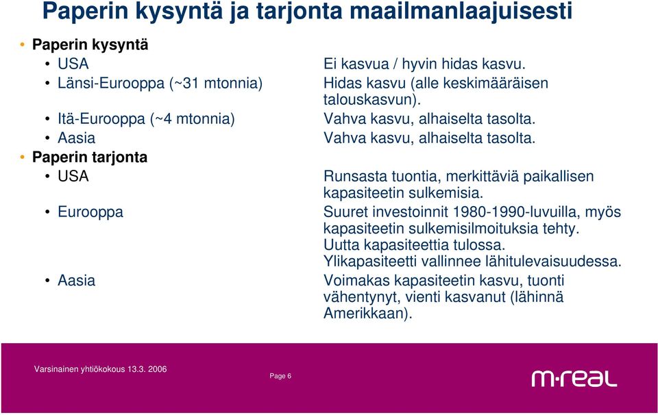 Vahva kasvu, alhaiselta tasolta. Runsasta tuontia, merkittäviä paikallisen kapasiteetin sulkemisia.