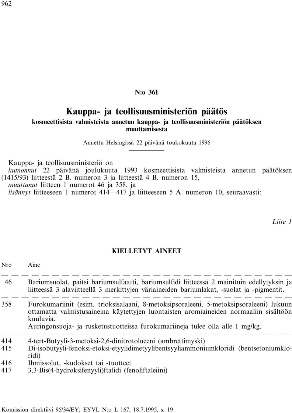 numeron 15, muuttanut liitteen 1 numerot 46 ja 358, ja lisännyt liitteeseen 1 numerot 414 417 ja liitteeseen 5 A.