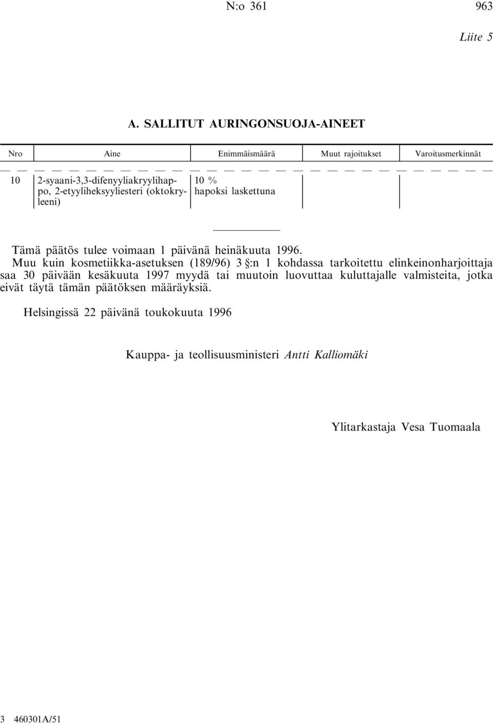 (oktokryleeni) 10 % hapoksi laskettuna Tämä päätös tulee voimaan 1 päivänä heinäkuuta 1996.