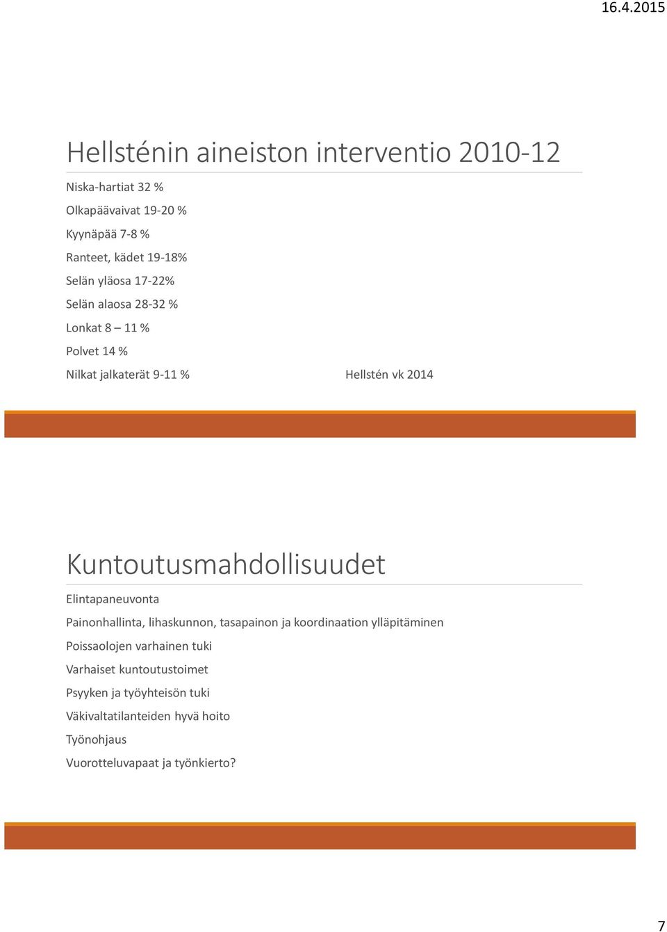 Kuntoutusmahdollisuudet Elintapaneuvonta Painonhallinta, lihaskunnon, tasapainon ja koordinaation ylläpitäminen Poissaolojen