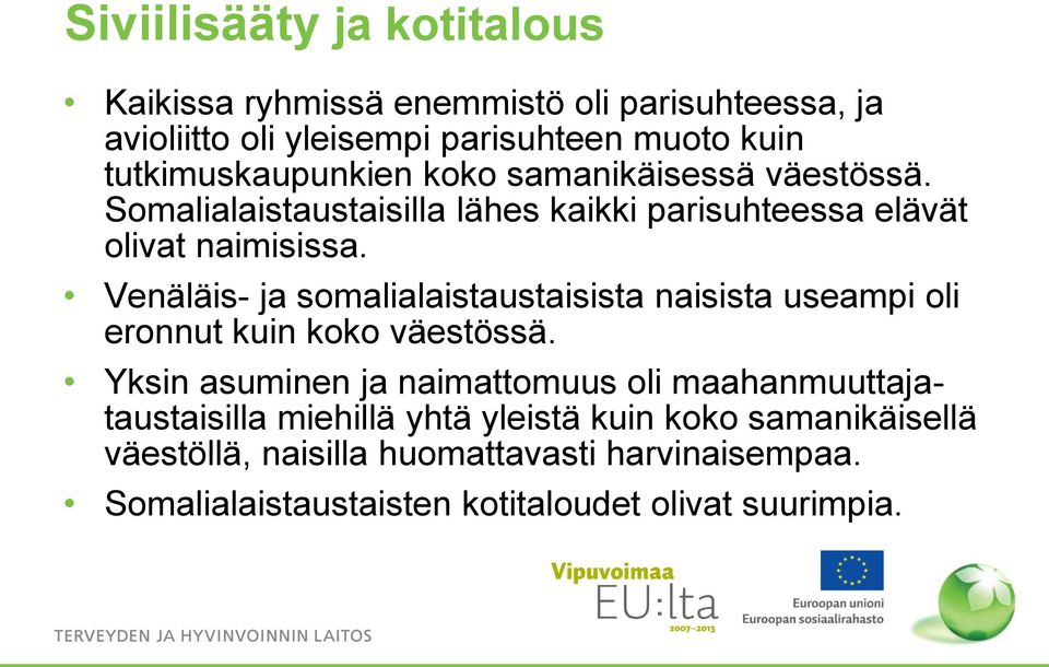 Venäläis- ja somalialaistaustaisista naisista useampi oli eronnut kuin koko väestössä.