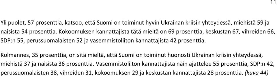 prosenttia. Kolmannes, 35 prosenttia, on sitä mieltä, että Suomi on toiminut huonosti Ukrainan kriisin yhteydessä, miehistä 37 ja naisista 36 prosenttia.
