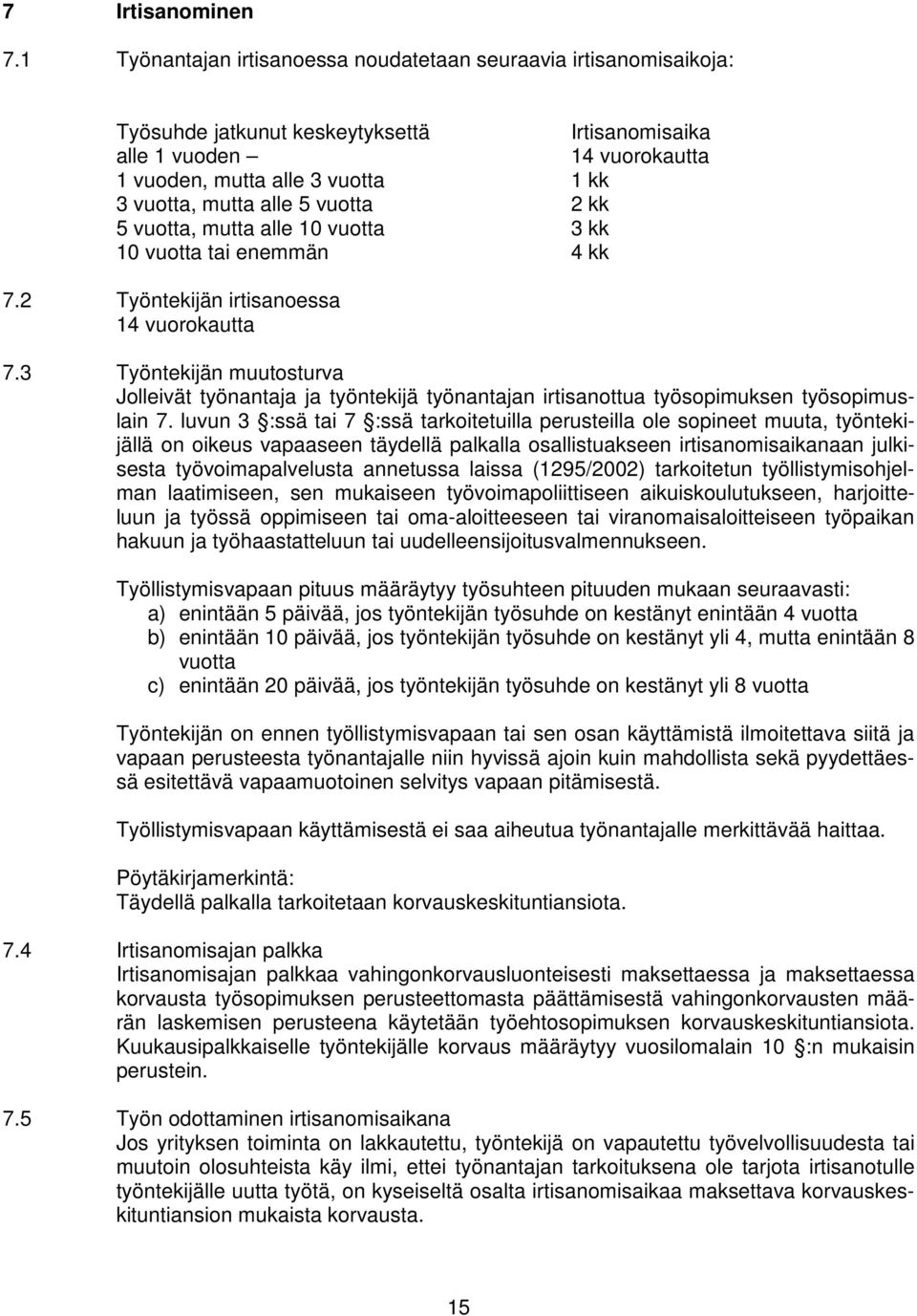 alle 5 vuotta 2 kk 5 vuotta, mutta alle 10 vuotta 3 kk 10 vuotta tai enemmän 4 kk 7.2 Työntekijän irtisanoessa 14 vuorokautta 7.