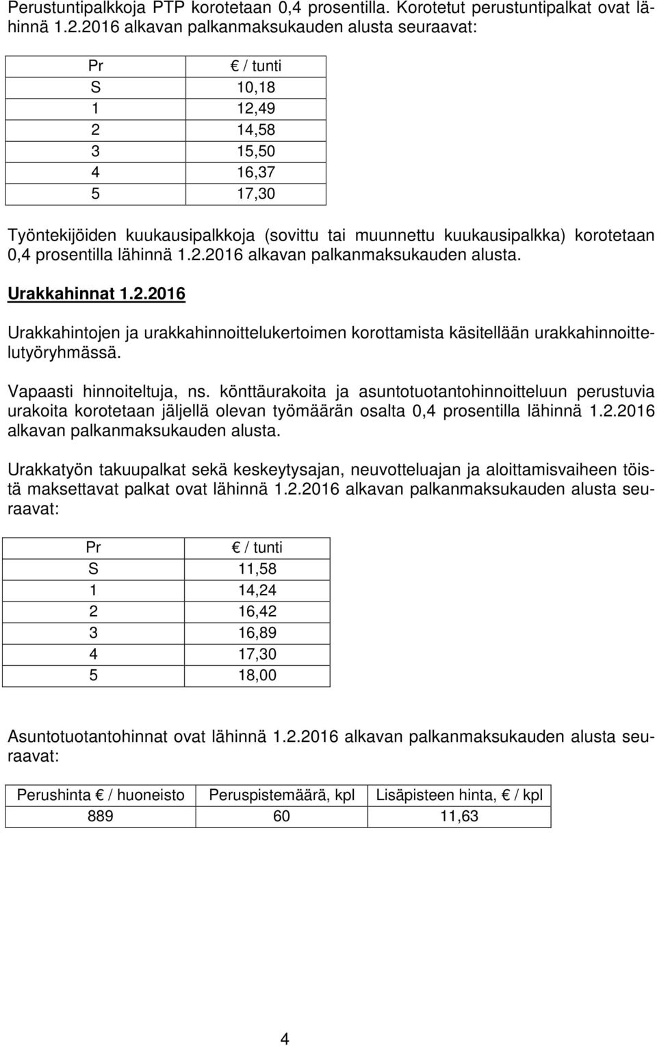 prosentilla lähinnä 1.2.2016 alkavan palkanmaksukauden alusta. Urakkahinnat 1.2.2016 Urakkahintojen ja urakkahinnoittelukertoimen korottamista käsitellään urakkahinnoittelutyöryhmässä.