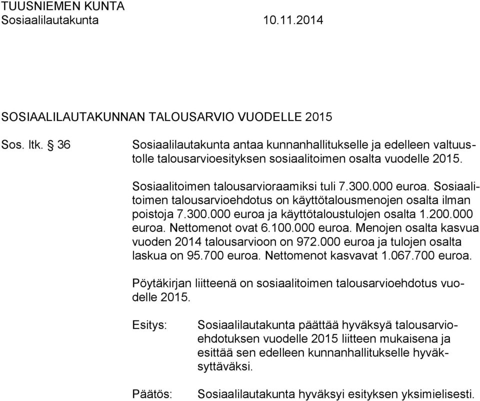 100.000 euroa. Menojen osalta kasvua vuoden 2014 talousarvioon on 972.000 euroa ja tulojen osalta laskua on 95.700 euroa. Nettomenot kasvavat 1.067.700 euroa. Pöytäkirjan liitteenä on sosiaalitoimen talousarvioehdotus vuodelle 2015.